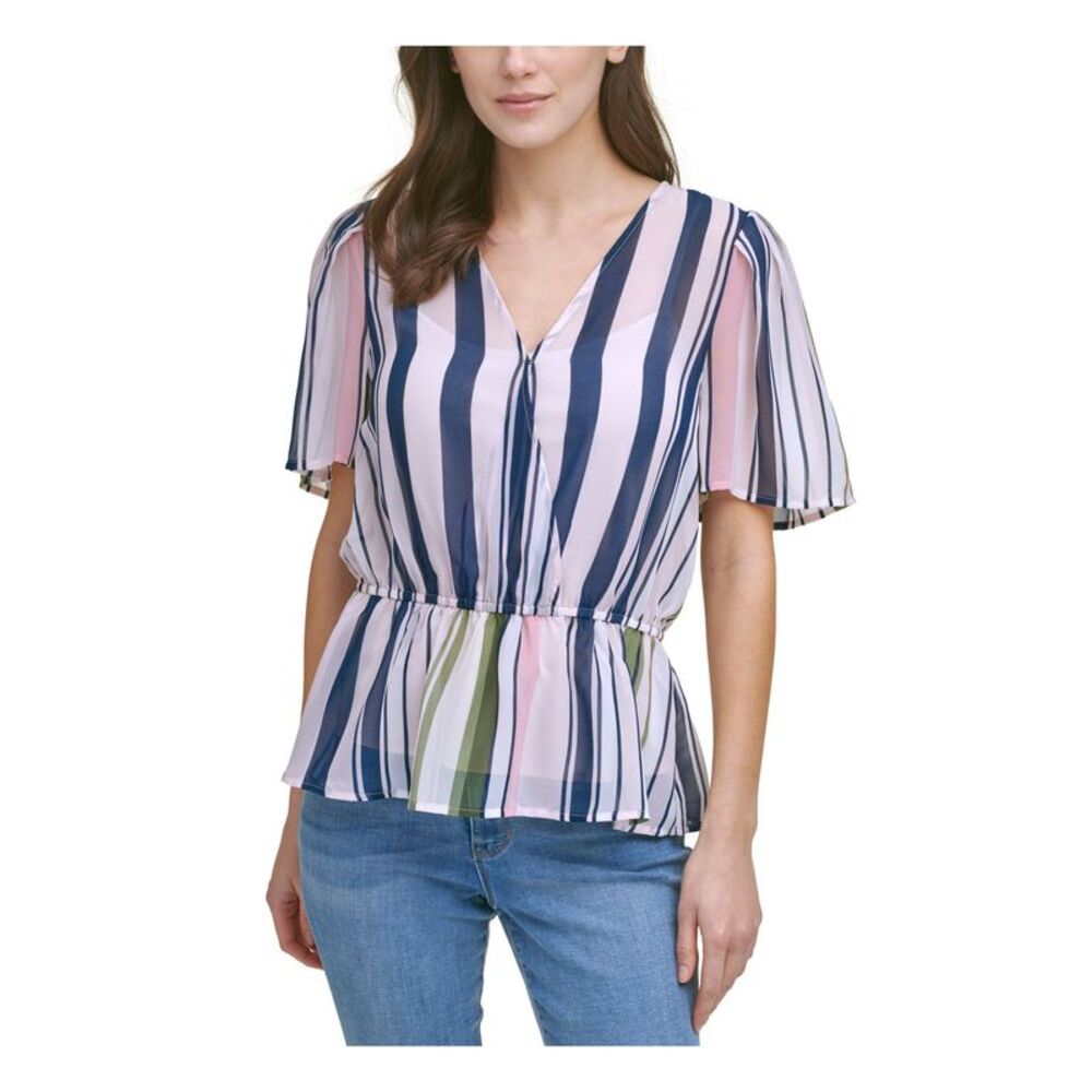 NWT DKNY Womens Pink Lined Elastic Waist Short Sleeve Peplum Top XXS
